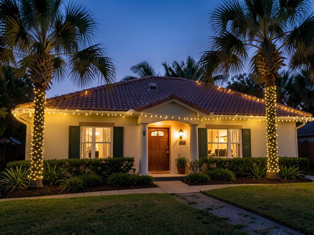 Palm Harbor FL home with warm white C9 Christmas lights on the roofline and wrapped palm trees at dusk
