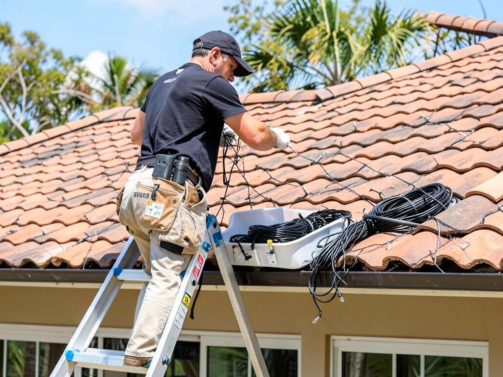 Installer removing Christmas light strands from a tile roof home in Palm Harbor, FL and coiling them into storage bins