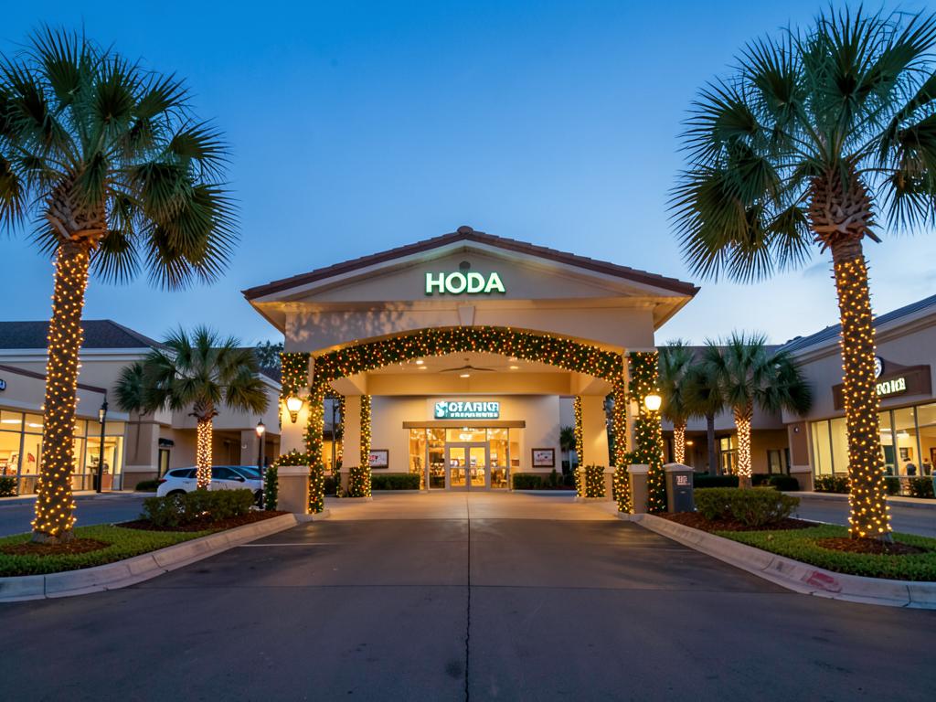 Palm Harbor FL shopping plaza and community entrance decorated with commercial Christmas lights at dusk