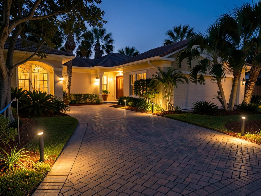 Paver driveway lined with landscape lighting at dusk