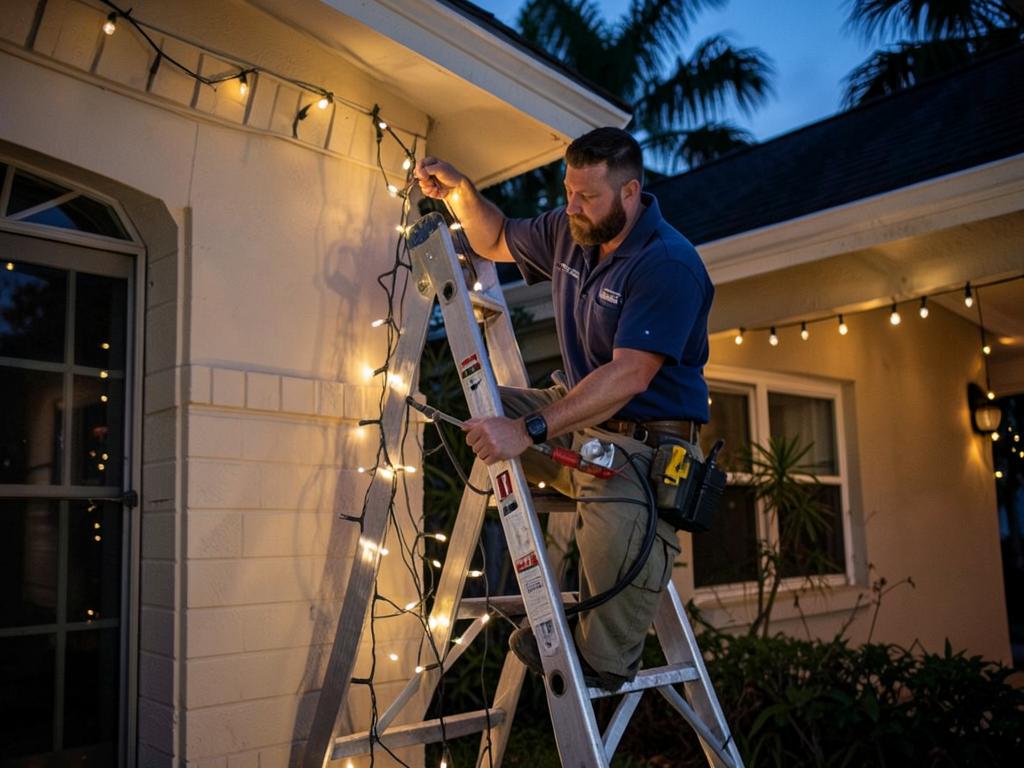 Technician servicing outdoor lighting at a Florida home