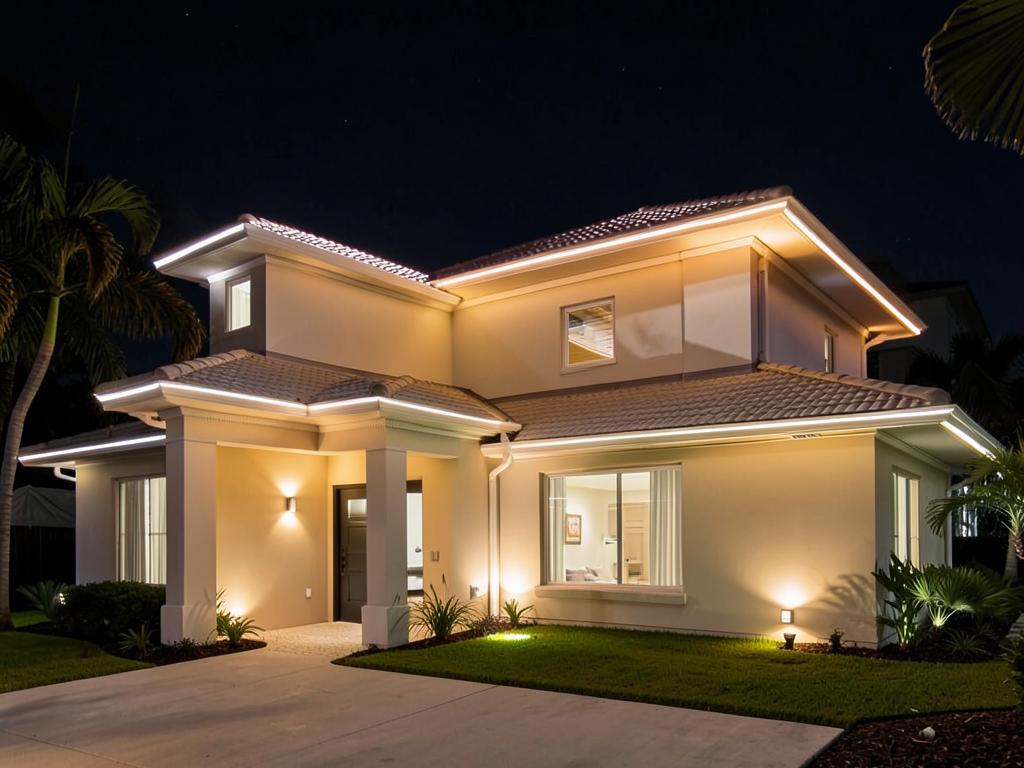 Palm Harbor FL home at night with permanent warm white LED roofline lighting along the eaves
