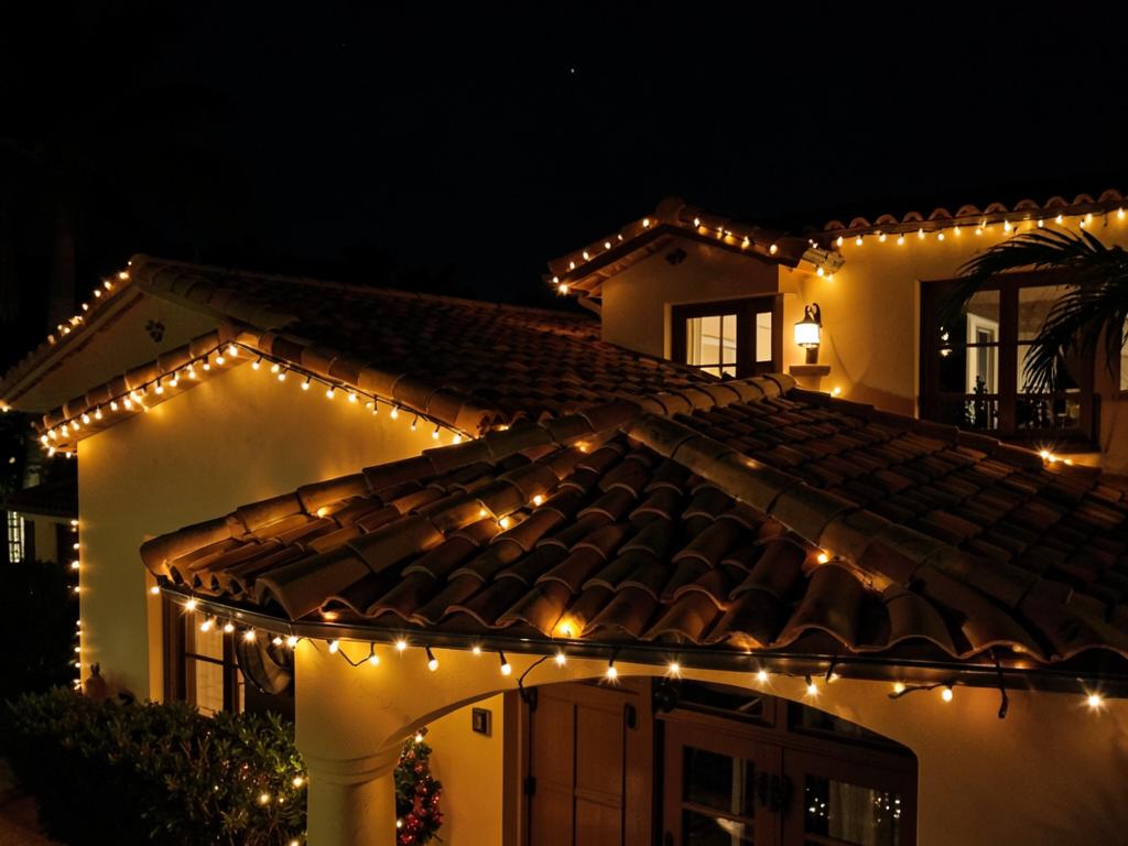Barrel tile roof outlined with Christmas lights in Palm Harbor